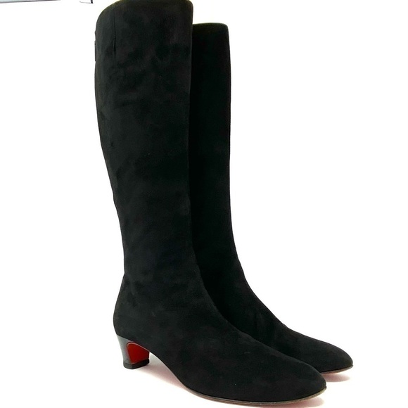 CHRISTIAN LOUBOUTIN TALL KNEE HIGH LOW HEELS RIDING BOOTS BLACK SUEDE SZ 6.5 - Picture 4 of 15
